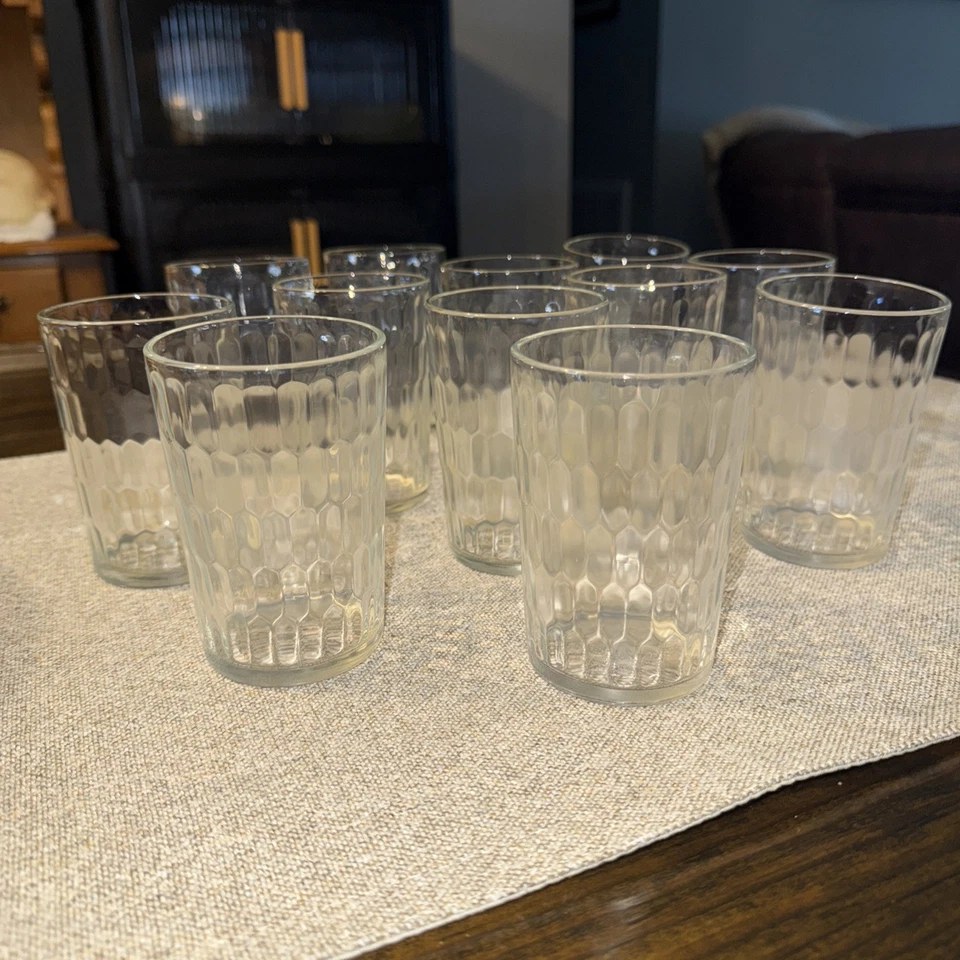 "Juego de 12 vasos de jugo ópticos hexagonales vintage de vidrio transparente de 4""" Foto 1 de 4