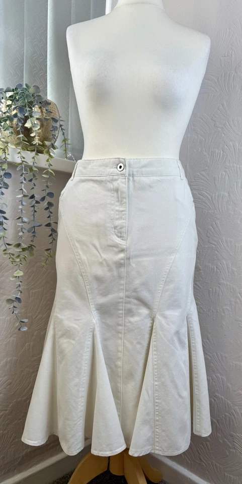 George 90s Y2K Midi Denim Skirt 16 White 🤍 Fishtail Hem Lace Back Detail Cotton - Image 1 of 4