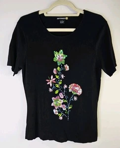Sweaterworks Top Nero Elasticizzato Paillettes Perline Fiori Tg Large Maniche Corte - Foto 1 di 7