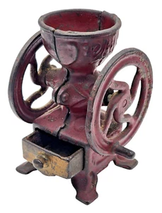 ANTIQUE Cast Iron Double Wheel Small Coffee Grinder with Drawer - Picture 1 of 7