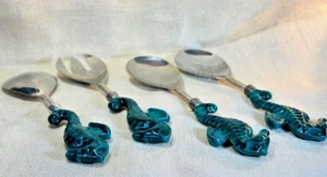 4 Turquoise Silver Seahorse Salad Fork/Spoon Set Party Beach Ocean Large 12 x 3 - Picture 1 of 24
