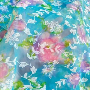 2 YD Vintage Sheer Flocked Floral Fabric Blue - Picture 1 of 7