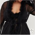 Hollywood Glam Luxury Mini Robe Sheer Marabou Trim Long Sleeves Black Xl-XXXL