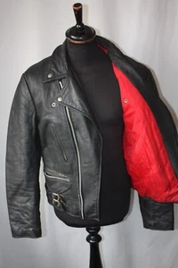 Giacca biker pelle Brando nera vintage anni 70 fodera rossa taglia L 44" punk rockabilly - Foto 1 di 22