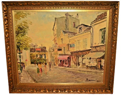 Pintura de retrato paisagem urbana café de rua europeu original vintage assinado MARINO - Imagem 1 de 4