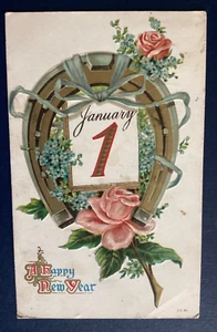 Postcard Happy New Year Horseshoe Roses 1916 Folsom city Cancel C77 - Picture 1 of 2