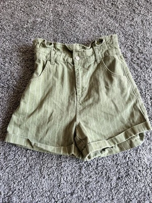 Topshop Bolsa de Papel Cintura Alta Denim Pantalones Cortos Verde Blanco Rayas 6 Foto 1 de 4