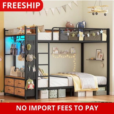 Twin Over Twin Metal Bunk Bed with Hall Tree, LED Bunk Bed with 4 Storage Drawer - Image 1 of 4