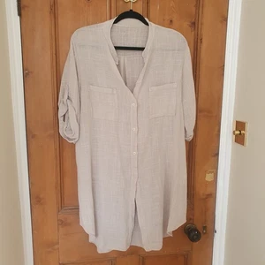 Long Cotton/Linen Tumic Buttoned Top Grandad Collar Rolled Sleeves Size 10 - 12 - Picture 1 of 4