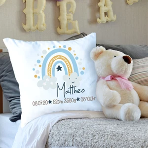 Kissen mit Namensgravur zur Geburt Regenbogen Jungen Geburtsdaten Geschenk - Bild 1 von 2