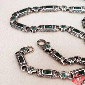Heavy Real 925 Sterling Silver Green CZ Chain Mens Hip Hop Retro Necklace 23.6in - Picture 1 of 8
