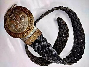 Vintage CHICOs BLACK GENUINE LEATHER BELT Calendar Tribal Buckle S/M GRUNGE ERA - Picture 1 of 12