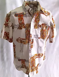 VINTAGE 1960'S CARTOON Tiki Print Hawaiian Hipster Shirt by Hawaiian Surf Size M - Picture 1 of 9