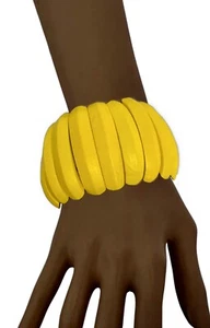 2" Wide Bright Yellow Fun Casual Statement Stretchable Wooden Chunky Bracelet - Picture 1 of 3
