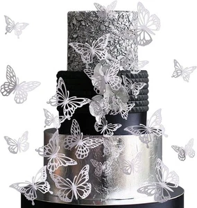 40 Pack Silver Lively 3D Butterfly Cupcake Toppers Hollow Butterfly Cupake Food - Picture 1 of 7