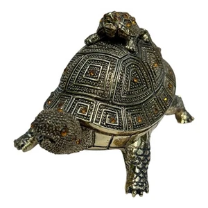 Bombay 3 Piece Turtle Topaz Jeweled Brass Trinket Box Desk Set Vintage Complete - Picture 1 of 13