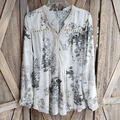 Camisa vintage America Popover para mujer M marrón crema estampado botánico ribete de ganchillo Foto 1 de 4