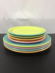 100% Melamine 8 Piece Plate Set Blue Orange Purple Green Pastels Vtg Heavy OOAK - Picture 1 of 9