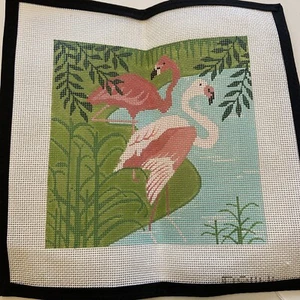 Flamingo Hand Painted Needlepoint Canvas D8144 8” Tropical Water Leaves - Picture 1 of 8