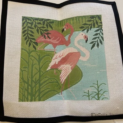 Flamingo Hand Painted Needlepoint Canvas D8144 8” Tropical Water Leaves - Image 1 of 4