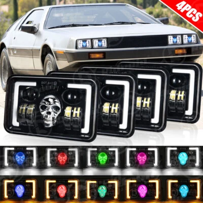 4pcs 4x6" RGB Skull LED Headlights Halo DRL for DeLorean DMC 12 1981 1982 1983 - Image 1 of 4