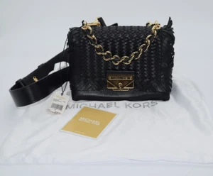 NEU MIT ETIKETT MICHAEL KORS CECE Kette Schulter X-Body Tasche in SCHWARZ geflochtenes Leder GOLD Ton - Bild 1 von 8