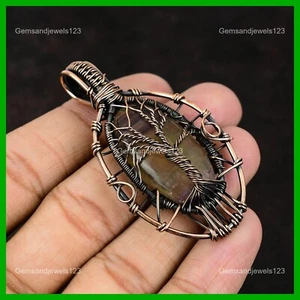 Copper Oval Natural Multi Fluorite Tree Of Life And Wire Wrapped Pendant Jewelry - Picture 1 of 7