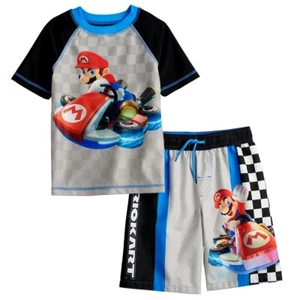 Super Mario Kart Swimsuit Set Swim Trunks Rash Guard Nintendo Boys 4 5 6 7 Luigi - Picture 1 of 3