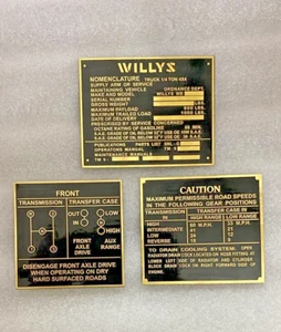FITS WILLYS JEEP FORD CJ2A CJ3A CJ3 BRASS MADE BLACK DASH DATA PLATE 3 UNIT - Foto 1 di 2