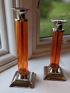 Vintage Kerzenständer orange & versilbert gestaffelt Größen Paar 2 MCM Dekor - Bild 1 von 14