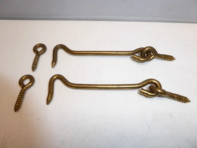 2 Vintage Hooks and Eyes Screen Door Gate 4” Latches Catches Solid BRASS NEW - Image 1 of 3