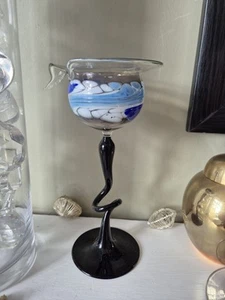 Stunning Penco Flame Glow Hand Blown Glass Long Stem Candle Holder Blue Hight 8" - Picture 1 of 4