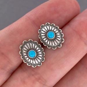Turquoise Concho Sterling Silver Stud Western Earrings Simulated 10mm USA - Picture 1 of 5