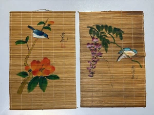 Vintage Asian Bamboo Scroll Set of 2 Bird Tropical Wall Hanging Stamped 18" - Picture 1 of 9