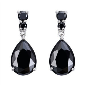 Women's Shine Silver Women Fashion Black Zircon Stud Drop Hoop Earrings Gift
