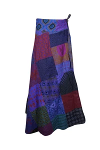 Boho Gypsy Hippy Patchwork Cotton Wrap Skirt Blue Floral Print Cover Up Dress 