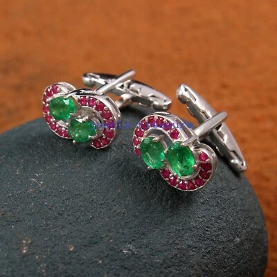 Natürlicher Smaragd & Rubin Edelsteine Mit 925 Sterlingsilber Manschetten für - Bild 1 von 3