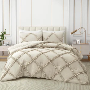 Queen Comforter Set Soft Bedding - 3 Pcs Tufted Decor Fluffy Comforter Boho Bed - Picture 1 of 6