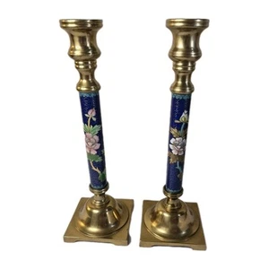 Cloisonne Enamel Inlay Brass Candlesticks Blue Floral Design 10” Tall Vintage - Picture 1 of 14