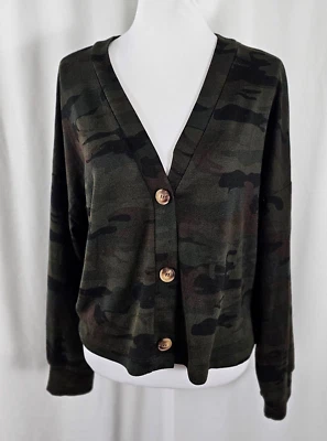 New Social Standard Sancturary Women Button Boxy Cardigan Camo Green Black Large - Image 1 of 4