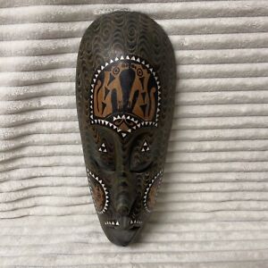 Small Vintage Carved Wooden African Tribal Mask - Painted Wall Art - Height 13”