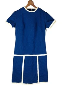 Vintage 1960s 1970s Blue Shift Dress Bobbie Brooks Dark Blue Wool White Trim - Picture 1 of 8