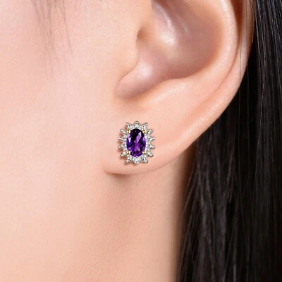 RYLOS Halo Stud Earrings 6X4MM Oval Gemstone & Diamond Yellow Gold Plated Silver - Image 1 of 4