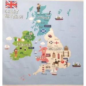100% Cotton Digital Fabric Oh Sew United Kingdom Cartoon Country Map Panel - Picture 1 of 4