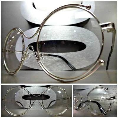 OVERSIZED VINTAGE RETRO Style Clear Lens EYE GLASSES Large Round Silver Frame - Image 1 of 4