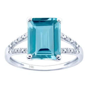 10k Oro Blanco Estilo Vintage Corte Esmeralda Topacio Azul y Diamante Anillo - Imagen 1 de 4