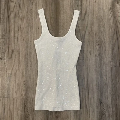 Camiseta sin mangas Express para mujer blanca con lentejuelas frontal acanalada tejida cuello redondo algodón XS nueva con etiquetas Foto 1 de 4