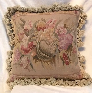 Vintage 16" French Wool Woven Aubusson Fruit Flower Pillow, Tapestry Needlepoint - Picture 1 of 7