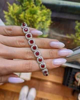 10,50 ct gepolsterter natürlicher roter Rubin Diamant Glieder Tennis Armband 18 K Weißgold - Bild 1 von 4