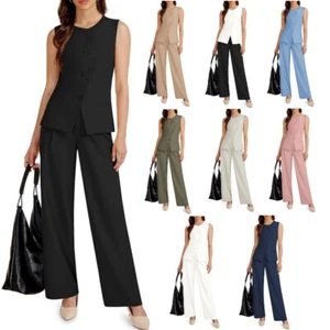 Women's 2 Piece Blazer Outfits Sleeveless Crewneck Vest Wide Leg Pantsuit 2025 - Picture 1 of 46